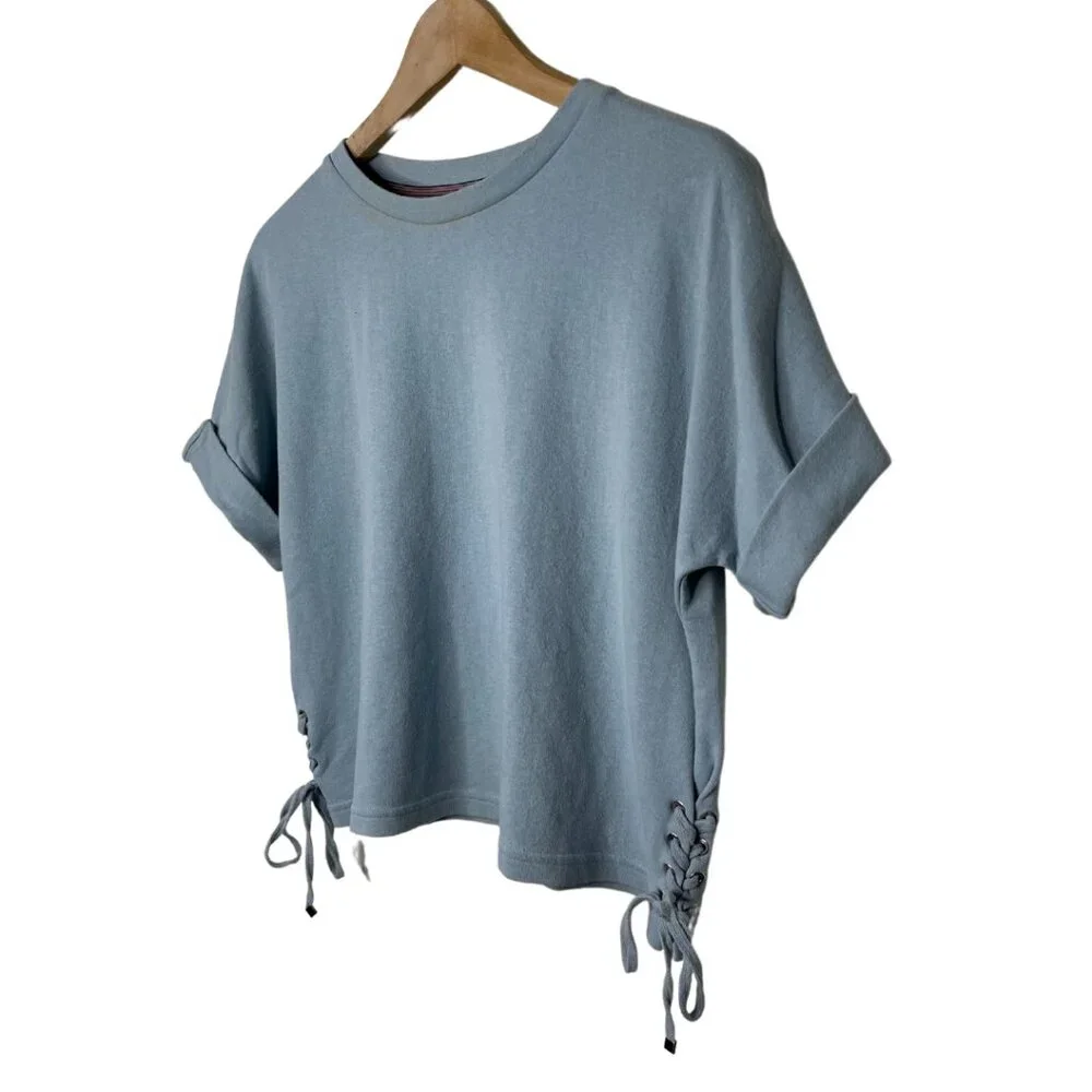 Y SING | Womens Powder Blue Semi-Cropped Short SleeveTop with Side Ties | Size L - Picture 2 of 7